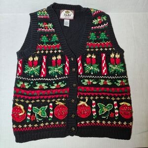 Tiara Festive Ugly Christmas Sweater Vest Embroidered Ornaments Y2K Size Small